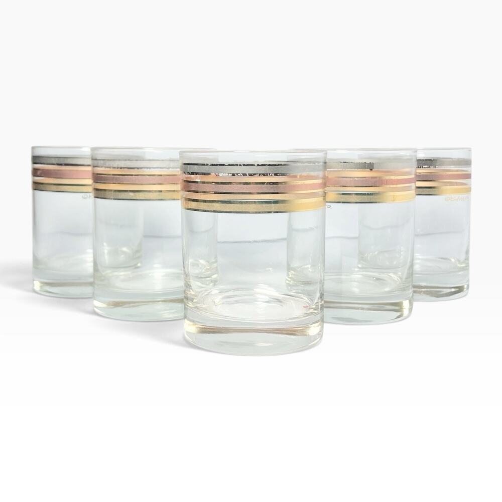 1960s MCM Culver 5 Gold Silver Copper Band Old Fashioned Tumbler Glasses 4” 14oz